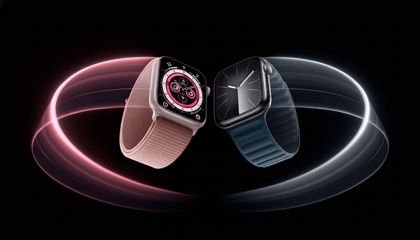 Two Apple Watches, one with a pink band and a vibrant display, and another with a blue band and a dark watch face, are showcased against a dark backgr