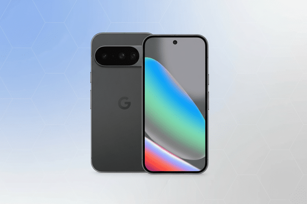 A professional , enhanced image of two dark gray smartphones , one showing its back with a Google logo and horizontal camera bar, and the other showing its front display with a colorful abstract wallpaper , set against a soft blue and white gradient background with a subtle hexagonal pattern.