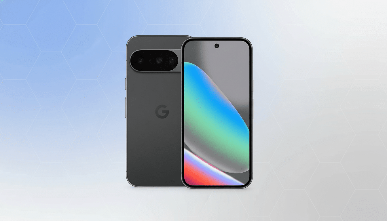 A professional , enhanced image of two dark gray smartphones , one showing its back with a Google logo and horizontal camera bar, and the other showing its front display with a colorful abstract wallpaper , set against a soft blue and white gradient background with a subtle hexagonal pattern.
