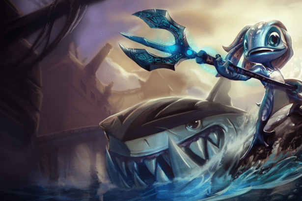 An aquatic creature with large eyes riding a shark through water, holding a glowing trident.
