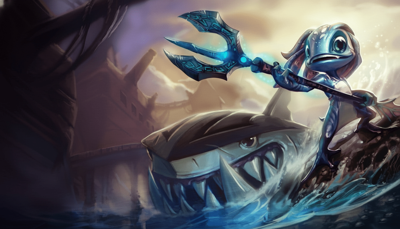 An aquatic creature with large eyes riding a shark through water, holding a glowing trident.