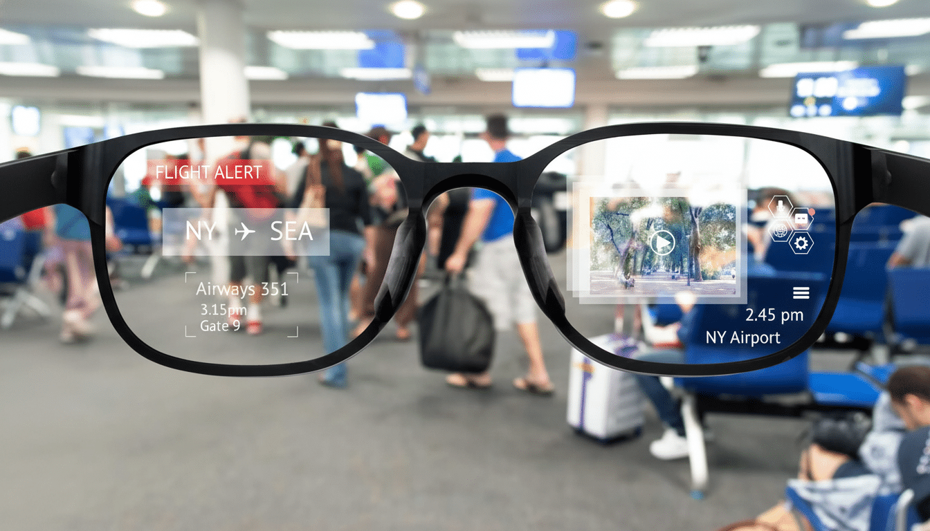 Augmented reality glasses displaying a flight alert for NY to SEA, Airways 351 , 3: 15 pm, Gate 9, along with other AR elements like a video preview , battery status , and settings icon , all superimposed over a blurred airport waiting area. Filename : arglasses flightalert .png