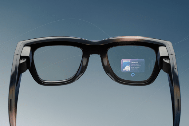 A pair of sleek black augmented reality glasses with a blue information overlay displaying Santorini, Island in Greece and a small island icon. The background features a subtle , wavy pattern on a gradient of blue and grey, enhancing the professional presentation.