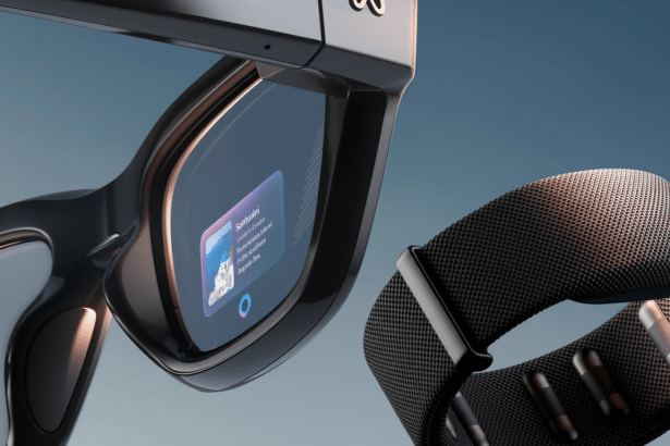 A close -up shot of a pair of augmented reality smart glasses displaying an informational card about Santorini in its lens , next to a black smart wristband.