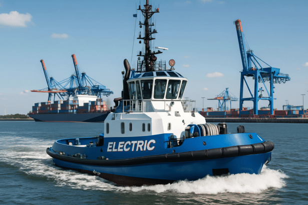 An electric blue and white tugboat with ELECTRIC written on its side moves through water, with cargo ships and large blue cranes in the background und