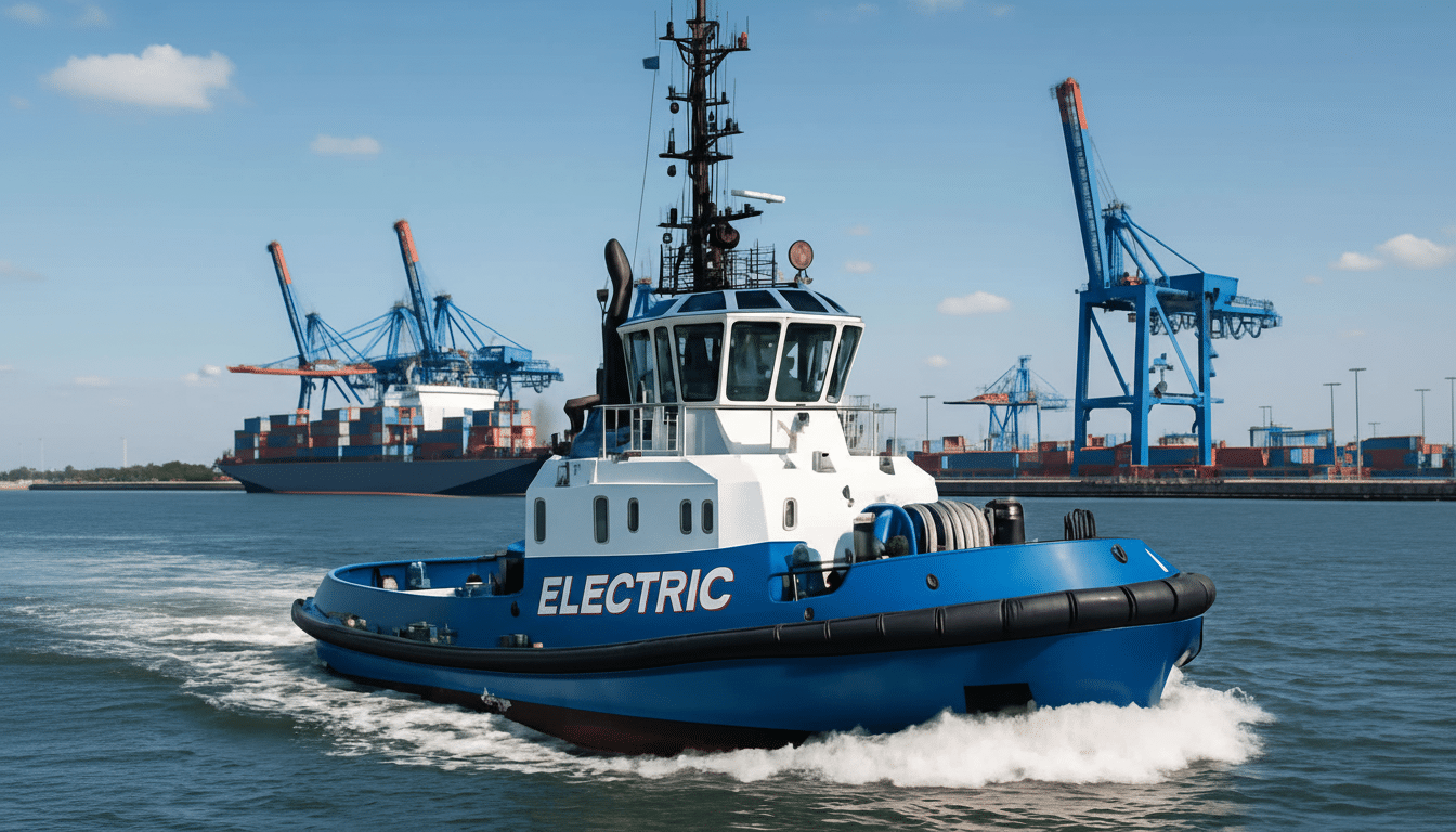 An electric blue and white tugboat with ELECTRIC written on its side moves through water, with cargo ships and large blue cranes in the background und