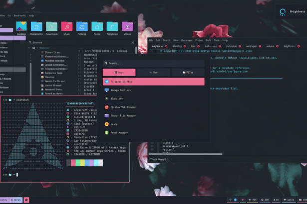 A professional desktop screenshot of an Archcraft Linux distribution, showcasing various open windows including a file manager, a terminal with Ne ofe