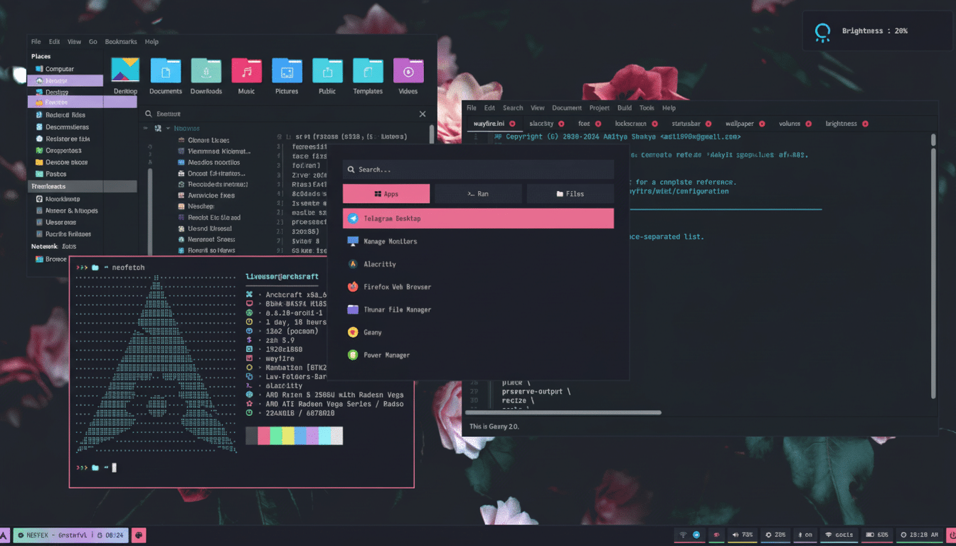 A professional desktop screenshot of an Archcraft Linux distribution, showcasing various open windows including a file manager, a terminal with Ne ofe