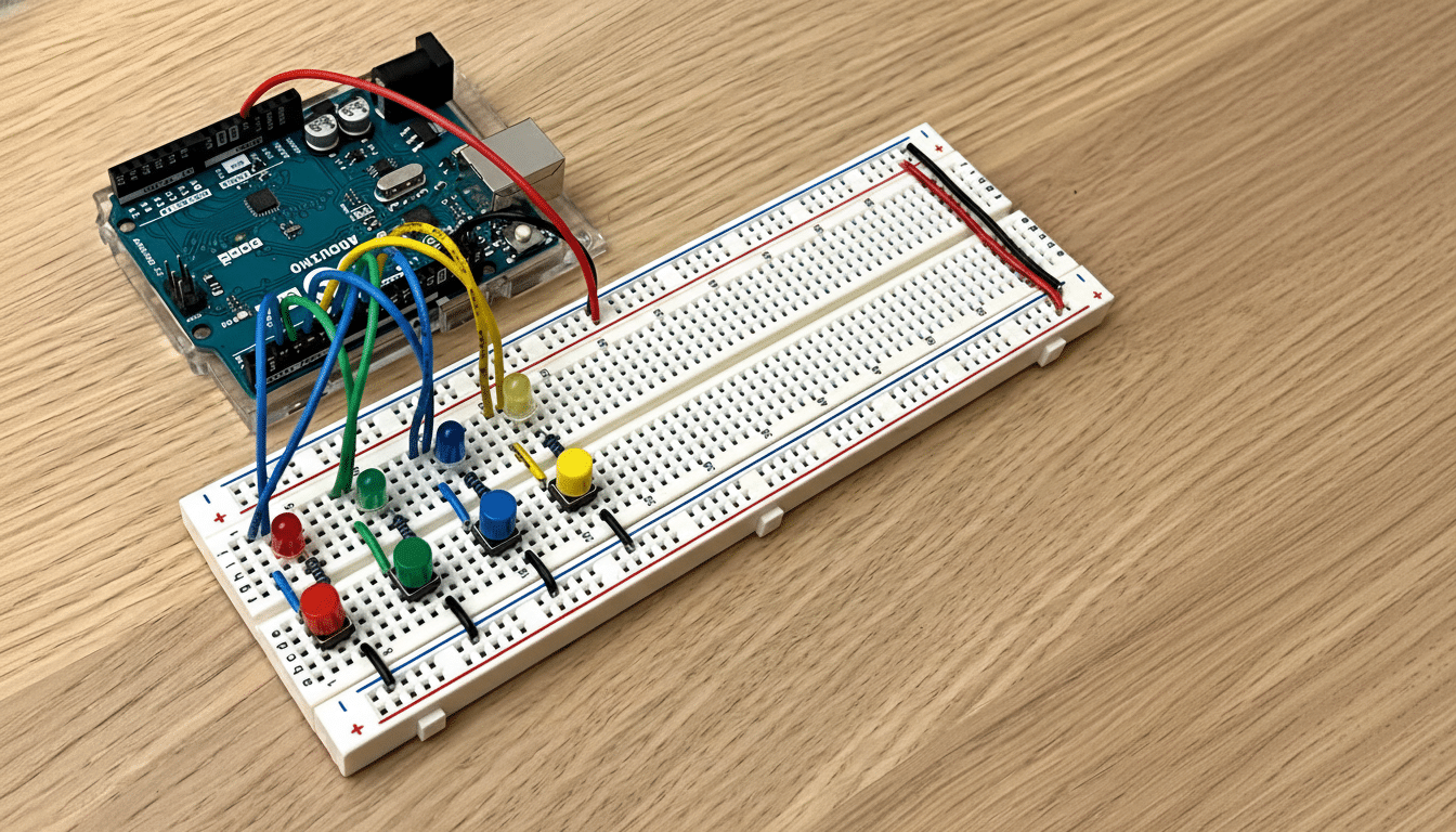 An Arduino board connected to a bread board with LEDs and buttons on a wooden surface.