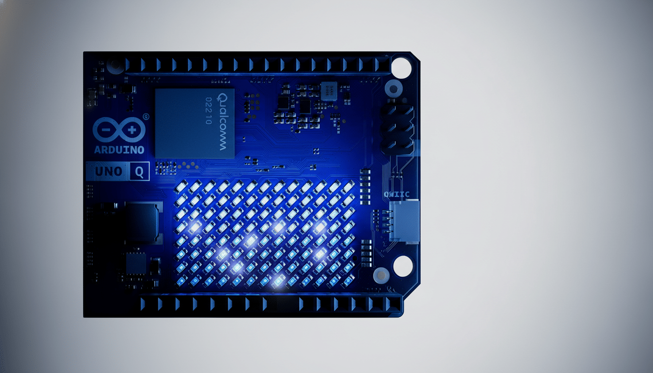 An Arduino UNO Q circuit board, primarily blue, with numerous glowing light- emitting diodes ( LEDs) arranged in a grid pattern . The board features various components, including chips and connectors, set against a professional gradient background. Filename : arduinouno qboard enhanced .png