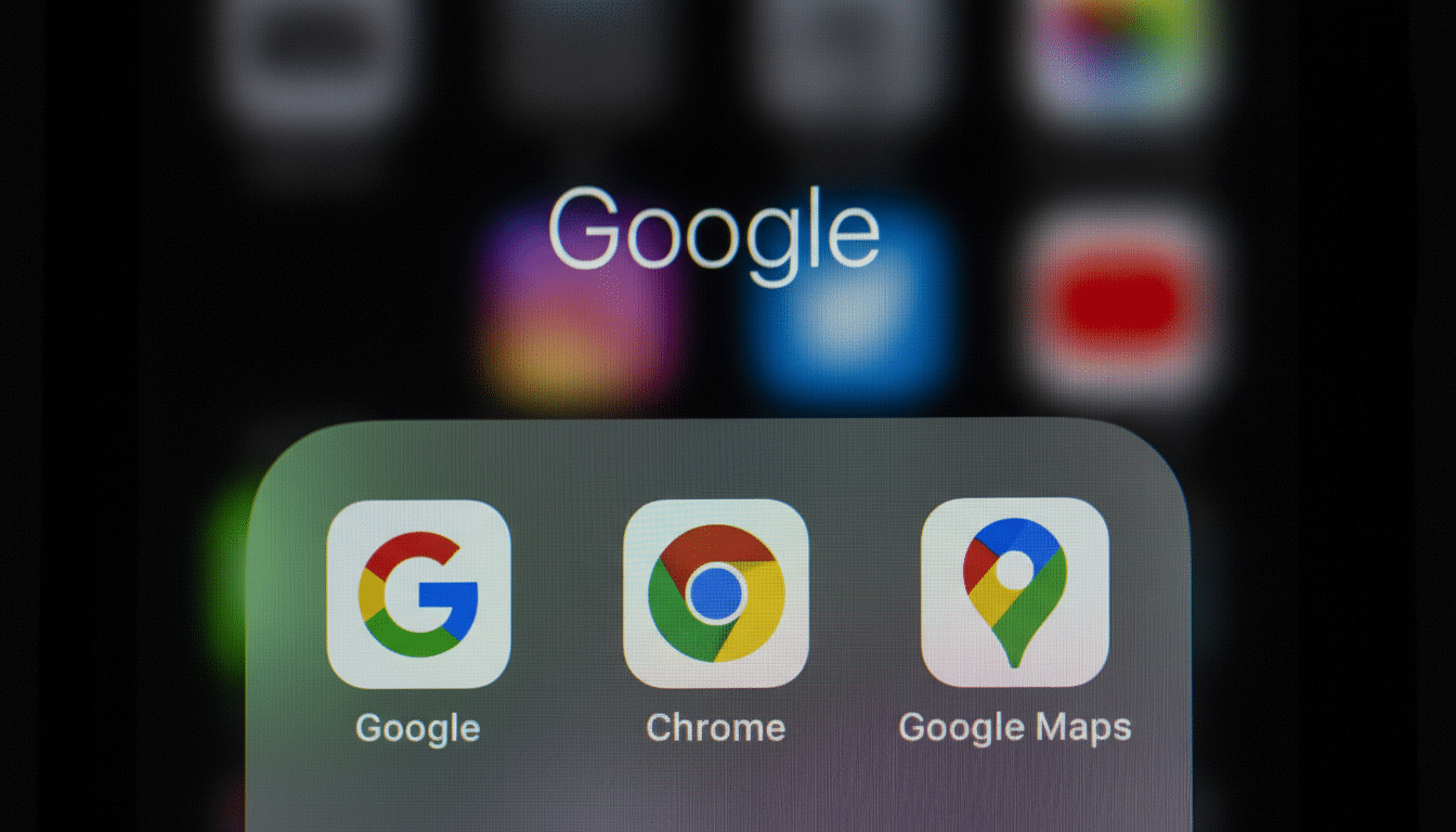 Close -up of Google, Chrome, and Google Maps app icons on a smartphone screen, with a blurry background of other apps.
