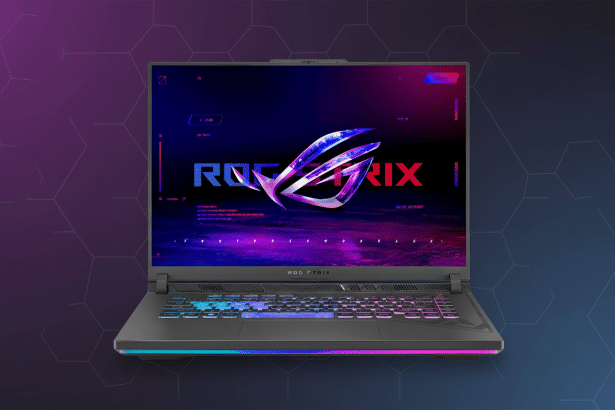 An ASUS ROG Strix gaming laptop displayed against a professional flat design background with soft purple and blue gradients and a subtle geometric pat
