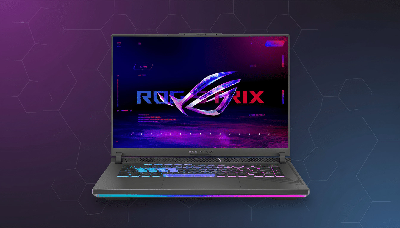 An ASUS ROG Strix gaming laptop displayed against a professional flat design background with soft purple and blue gradients and a subtle geometric pat
