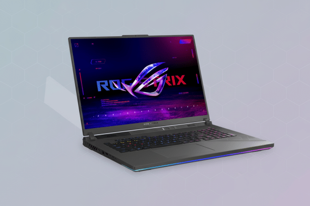 An ASUS ROG Strix gaming laptop displayed against a professional flat design background with soft geometric patterns and gradients. The laptop' s screen shows the ROG St rix logo in vibrant colors.