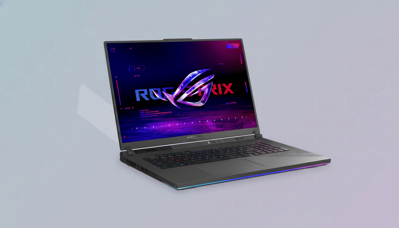 An ASUS ROG Strix gaming laptop displayed against a professional flat design background with soft geometric patterns and gradients. The laptop' s screen shows the ROG St rix logo in vibrant colors.