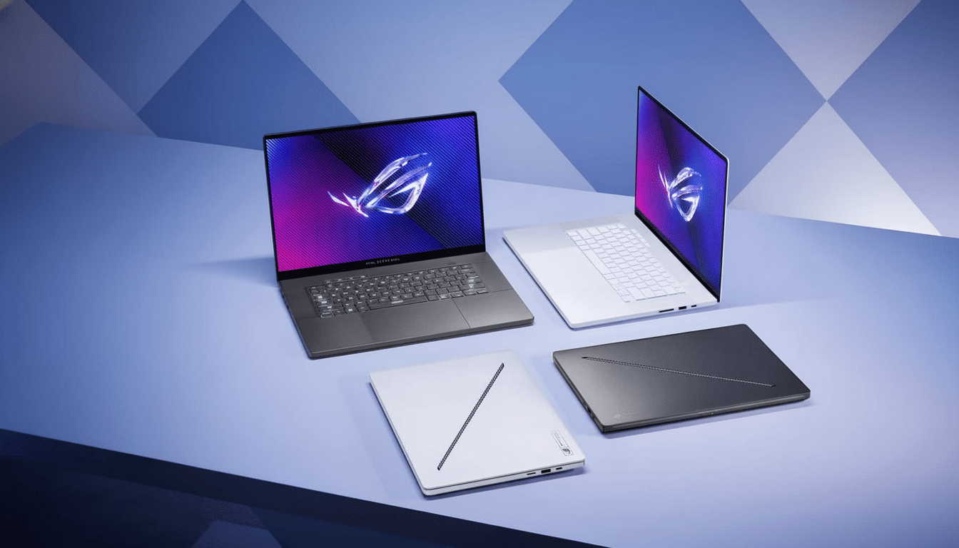 A collection of four Asus ROG Ze phyrus G 14 and G16 laptops in dark grey and white, arranged on a blue surface with a geometric background. Filename : as usrog zephyrus laptops.png