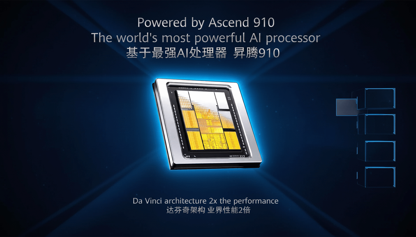 An AI processor chip , Asc end 91 0, is displayed in the center with text in English and Chinese above and below it, against a dark blue background with abstract glowing lines and shapes .