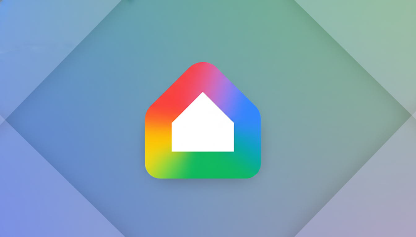 A colorful house icon with a white interior, set against a professional flat design background with soft blue and green gradients and subtle geometric patterns.