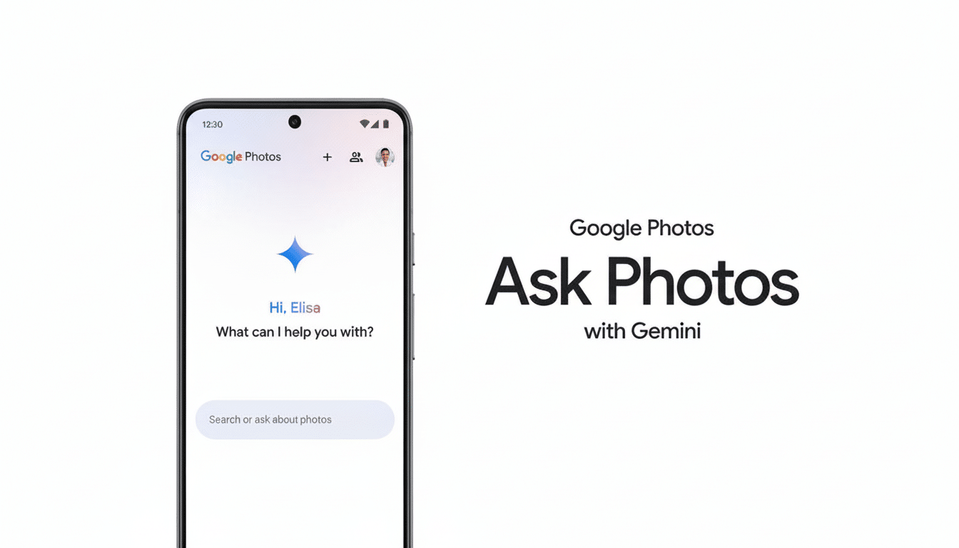 A professional 16:9 image showing a smartphone displaying the Google Photos app with an Ask Photos feature powered by Gemini. The text Hi, Elisa What can I help you with? is visible on the phone screen, along with a search bar that says Search or ask about photos.