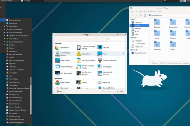 A professional screenshot showing the Xf ce desktop environment with various settings and file manager windows open. Filename : xfce desktopsettings . png