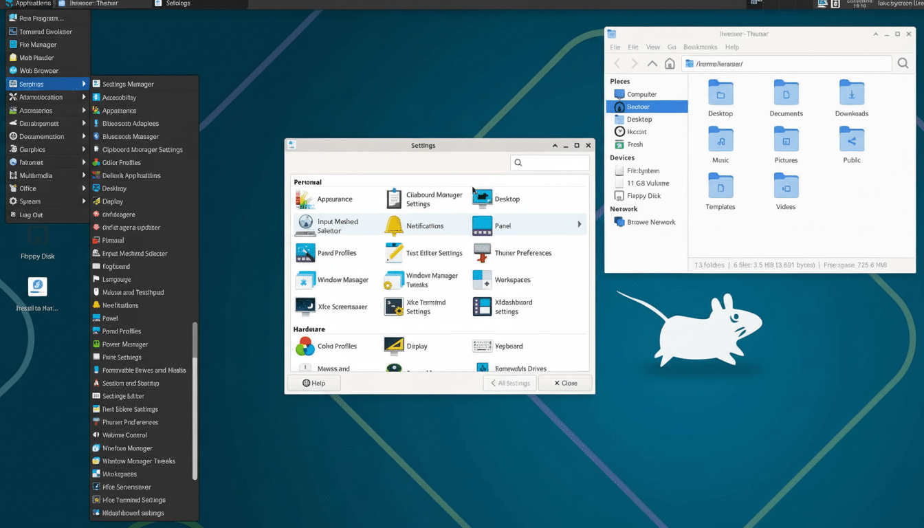 A professional screenshot showing the Xf ce desktop environment with various settings and file manager windows open. Filename : xfce desktopsettings . png