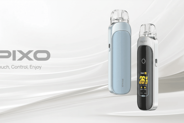 A professional product shot of two Asp ire Pixie vape devices, one light blue and one black with a digital display, against a soft , wavy gray background. The text PIXO Touch, Control, Enjoy is in the foreground .