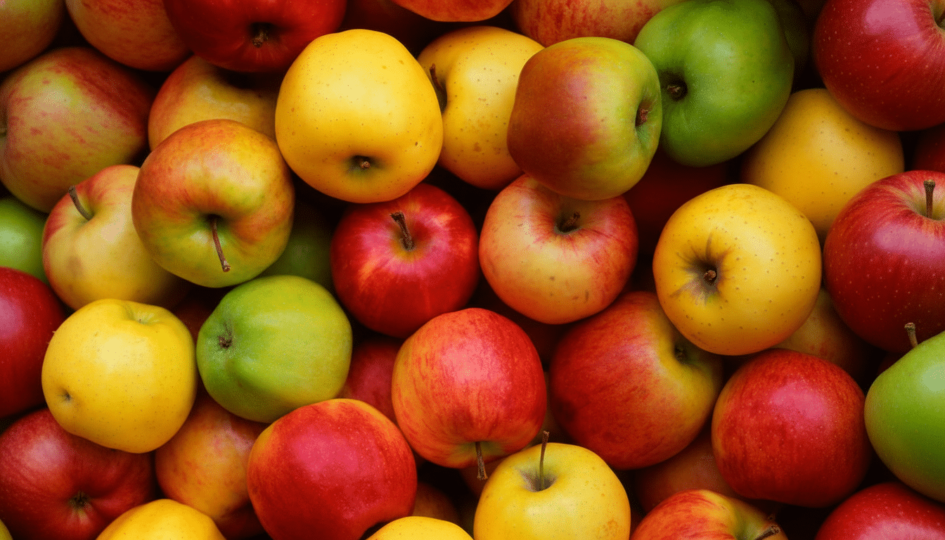 A vibrant and diverse assortment of red , yellow, and green apples, filling the frame in a professional and appealing arrangement. Filename : assorted applesprofessional .png