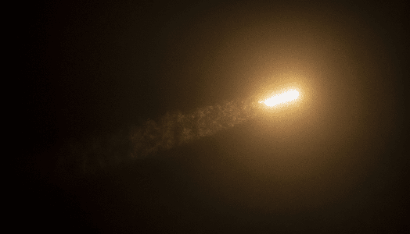 A rocket launching into a dark sky, leaving a bright trail of exhaust.