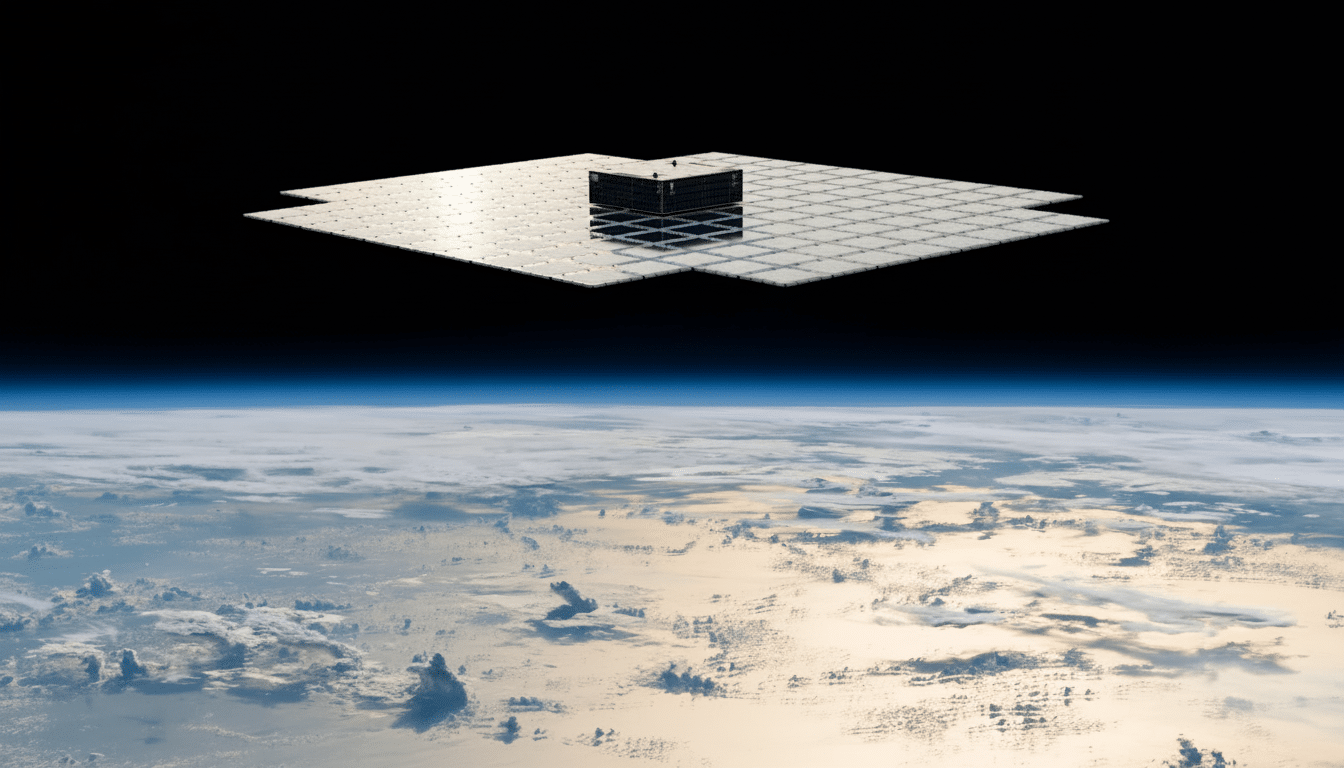 A square satellite with multiple solar panels extended, positioned above the Earth s atmosphere and clouds.