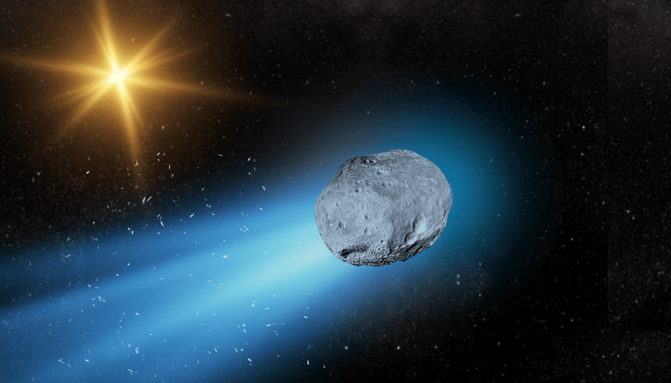 An asteroid with a blue glowing tail streaks across a starry black background, illuminated by a bright golden sun in the upper left corner.