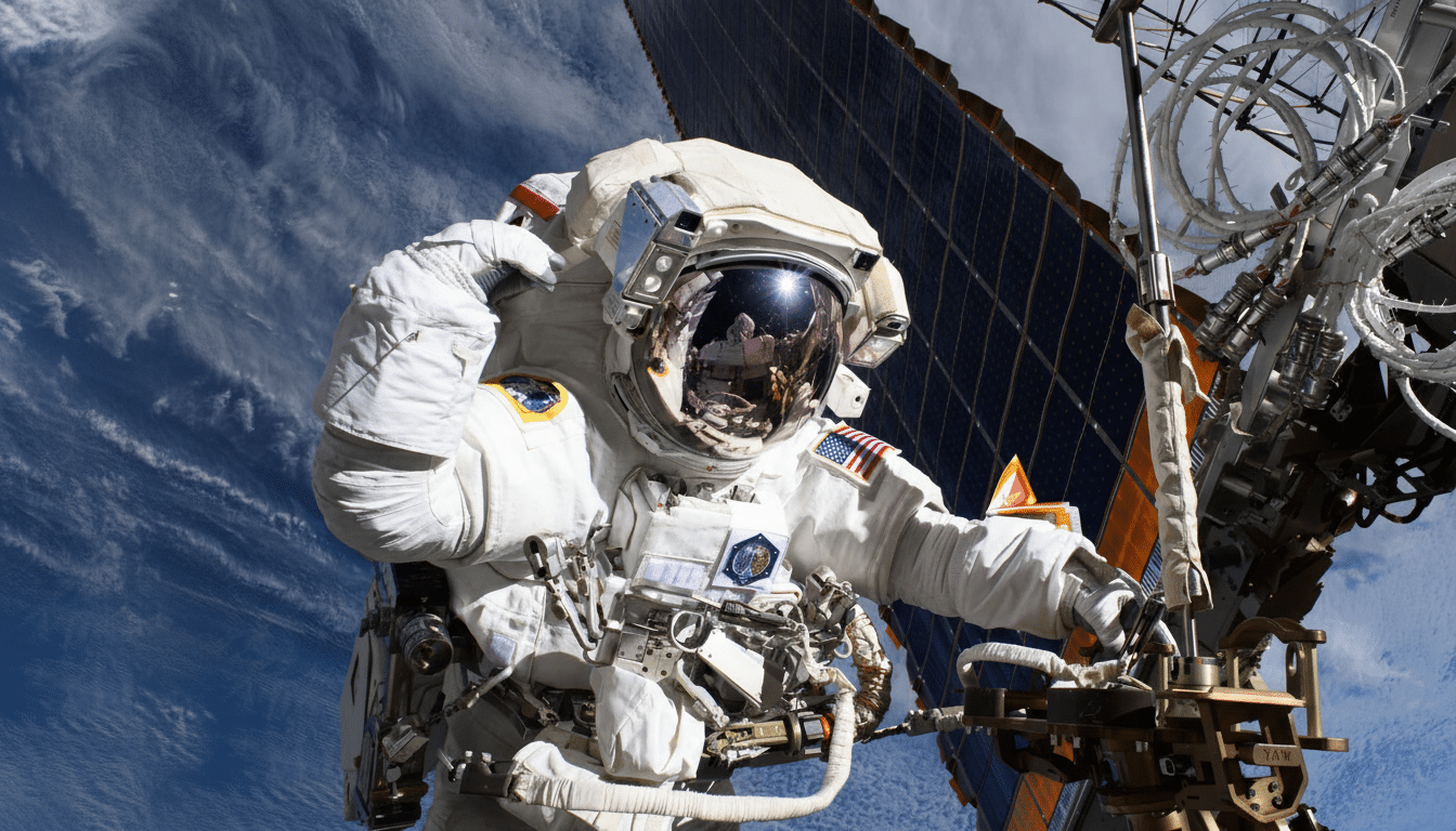 An astronaut in a white spaces uit is depicted against the backdrop of Earth and a solar panel, working on external equipment. Filename : astronautworking on equipment .png