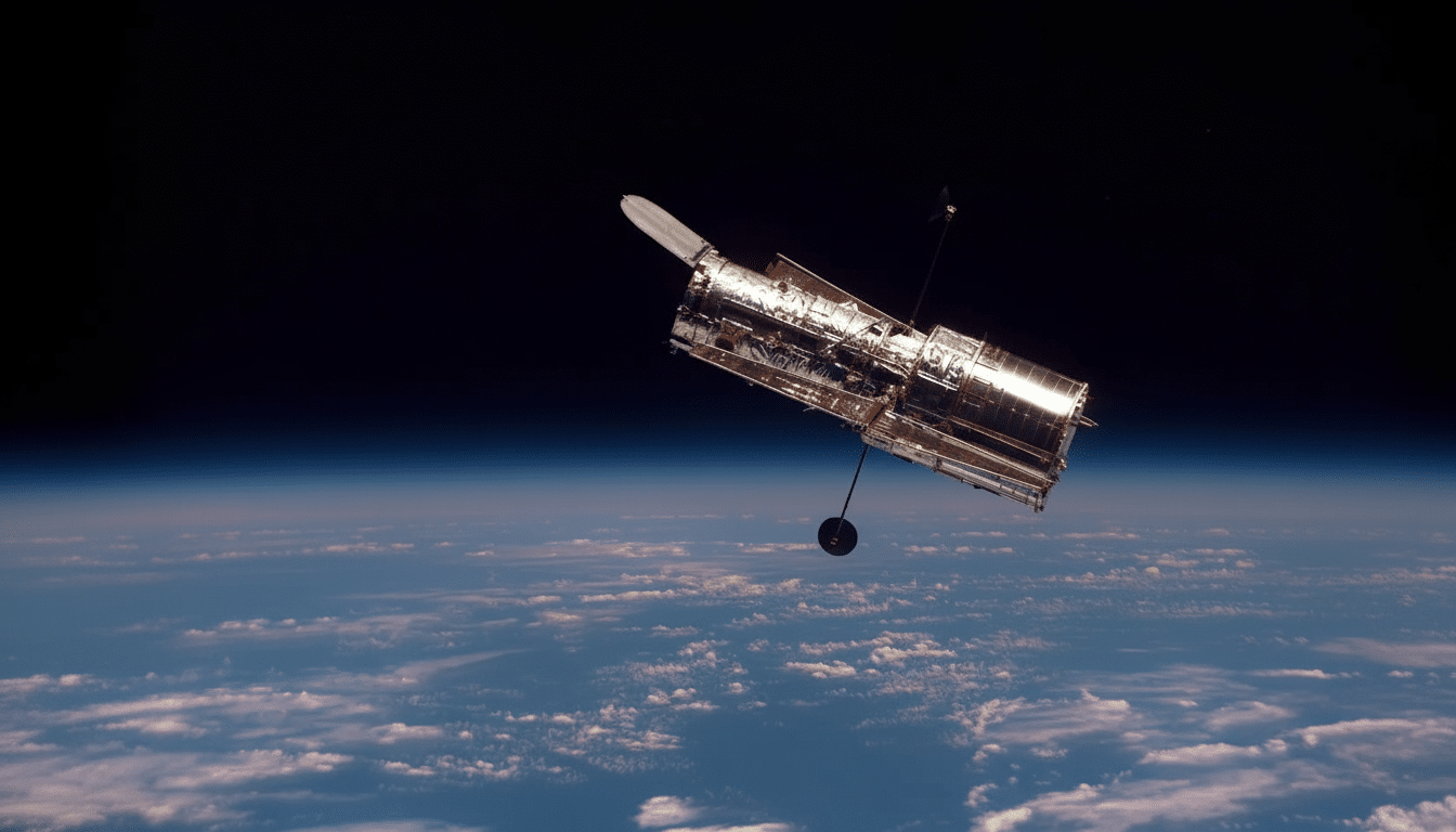 The Hubble Space Telescope in orbit above Earth, with a dark space background and the blue curve of the Earth and clouds visible below.