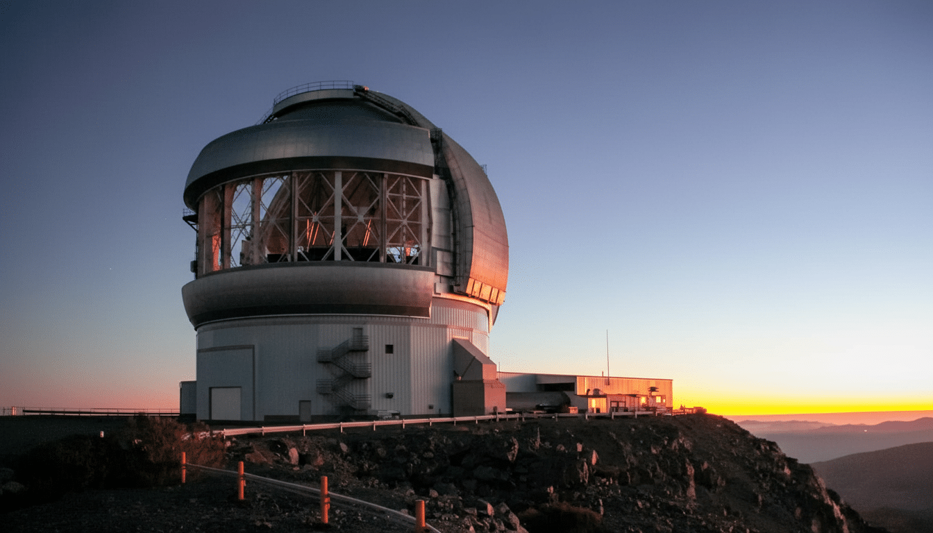 A large astronomical observatory with a dome-shaped telescope building sits atop a mountain against a clear sky with the warm glow of sunset on the ho