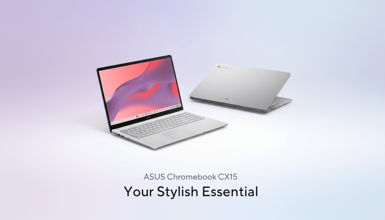An ASUS Chromebook CX15, open and displaying a colorful background on its screen, positioned alongside another closed ASUS Chromebook CX1 5, both pres
