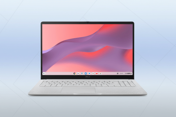 An ASUS Chromebook with its screen displaying the Chrome OS desktop, set against a professional light blue gradient background with subtle geometric p