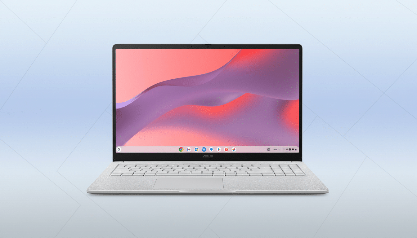An ASUS Chromebook with its screen displaying the Chrome OS desktop, set against a professional light blue gradient background with subtle geometric p