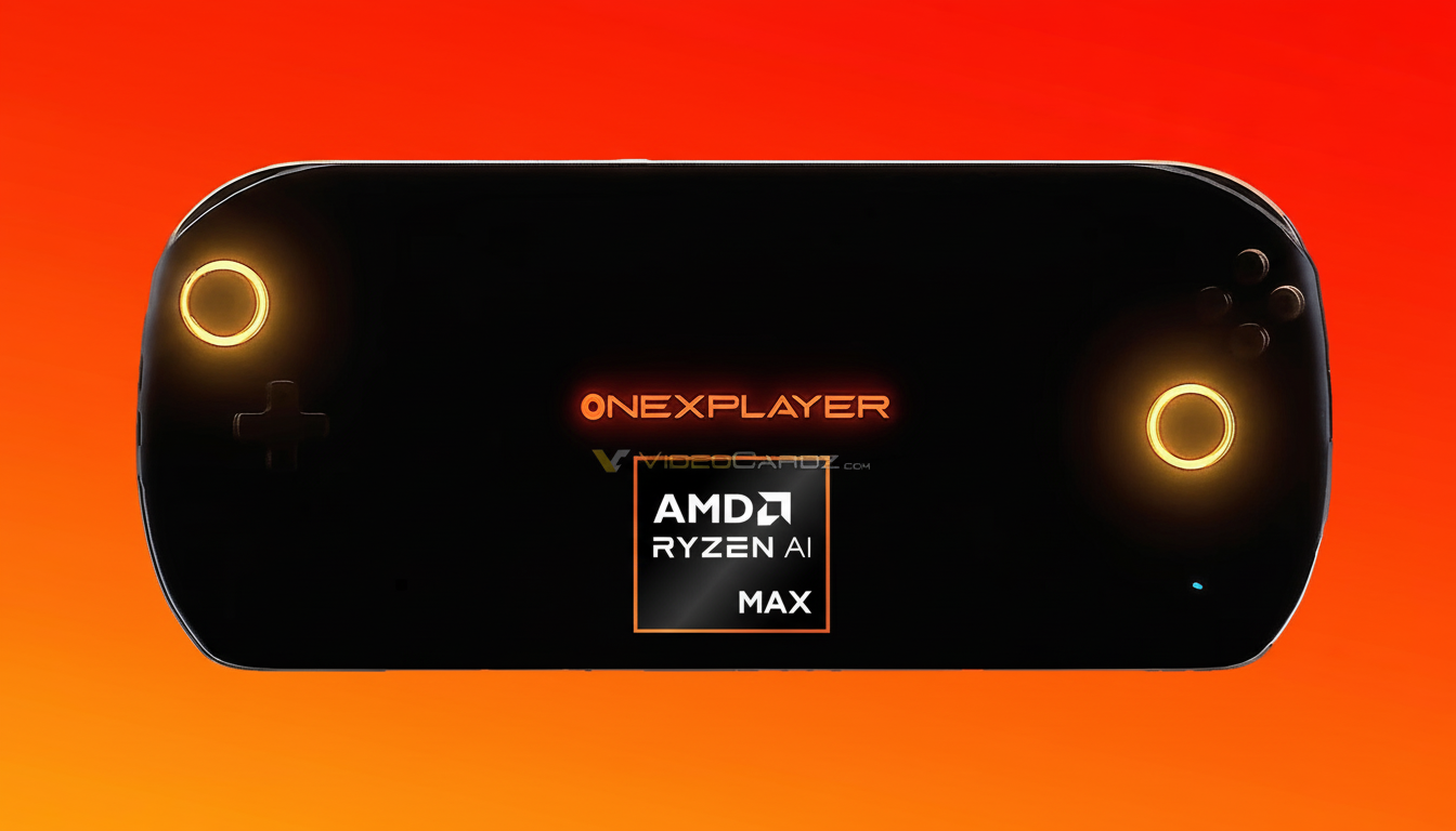 A black handheld gaming device with glowing orange buttons and ONEXPLAYER and AMD RYZEN AI MAX logos, set against a vibrant orange and red gradient background.