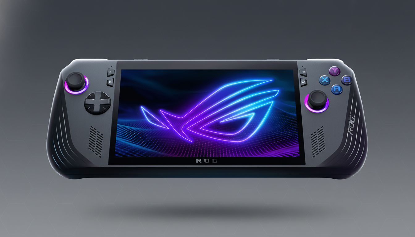 A professional, enhanced image of an ASUS ROG Ally handheld gaming console, presented in a 16:9 aspect ratio with a clean, dark gray background featuring subtle hexagonal patterns. The consoles screen displays a vibrant neon blue and purple ROG logo.
