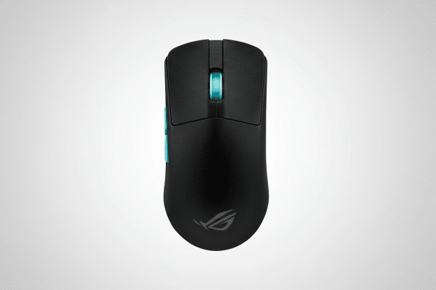 A black ASUS ROG gaming mouse with a teal scroll wheel and side buttons, centered on a light gray background with a subtle grid pattern. Filename : asus roggaming mouse.png