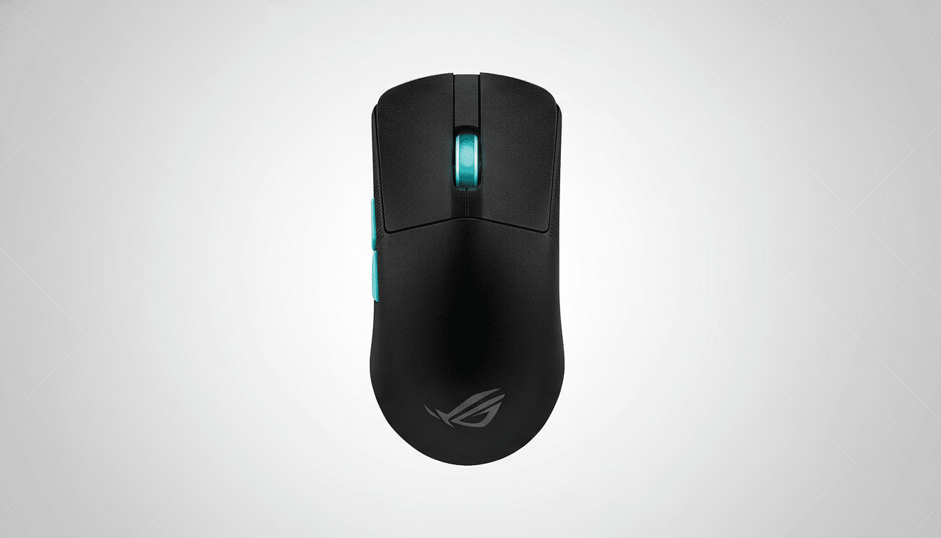 A black ASUS ROG gaming mouse with a teal scroll wheel and side buttons, centered on a light gray background with a subtle grid pattern. Filename : asus roggaming mouse.png