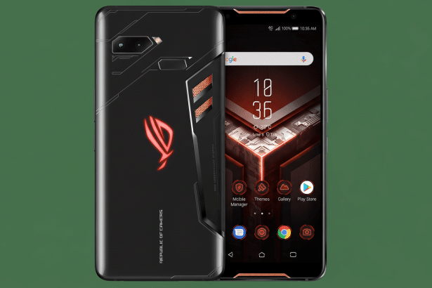 A black ASUS ROG Phone II with a glowing red logo on the back, displayed in a 16 :9 aspect ratio with its screen showing the time and several app icons, against a solid green background .