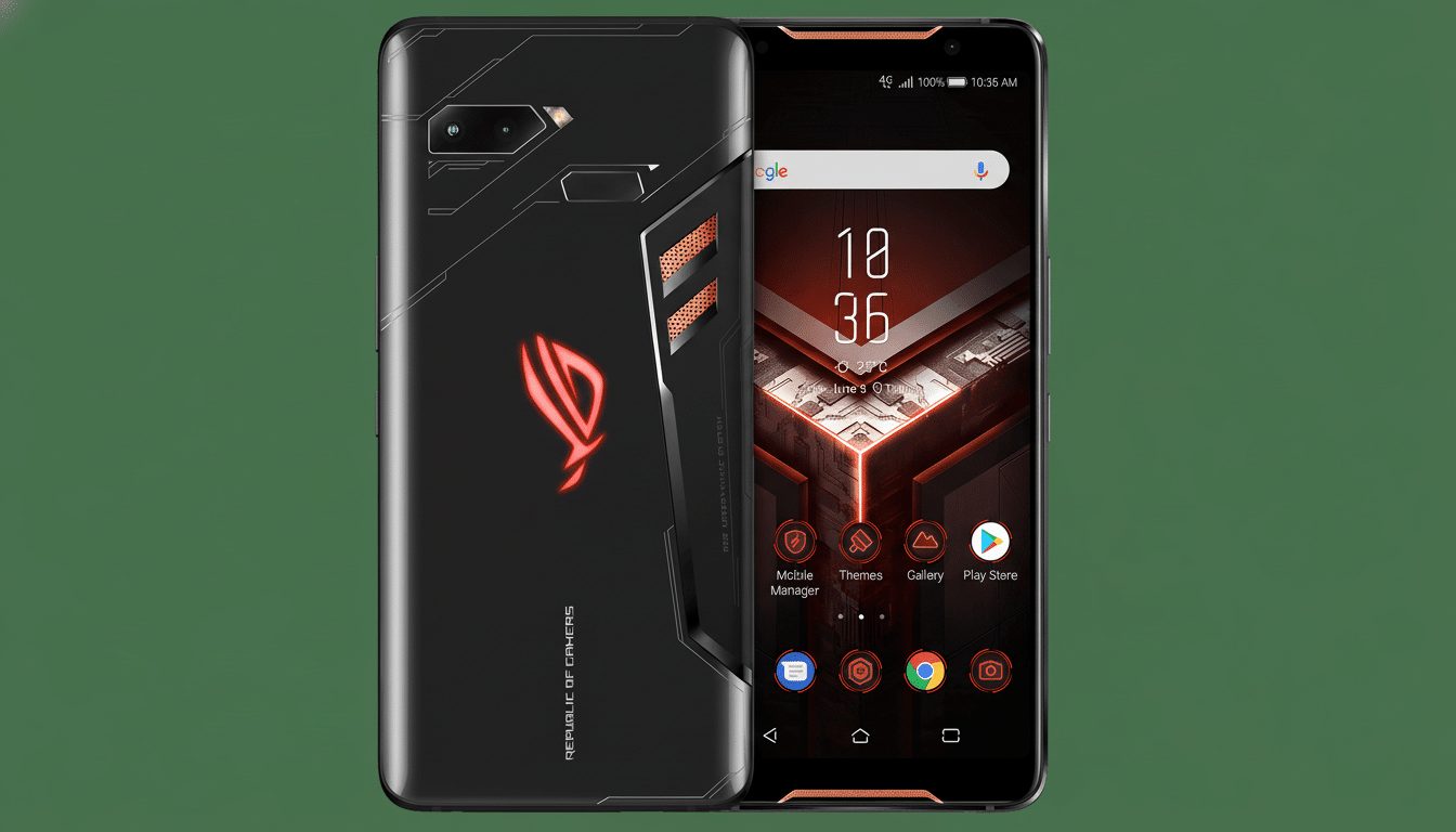 A black ASUS ROG Phone II with a glowing red logo on the back, displayed in a 16 :9 aspect ratio with its screen showing the time and several app icons, against a solid green background .