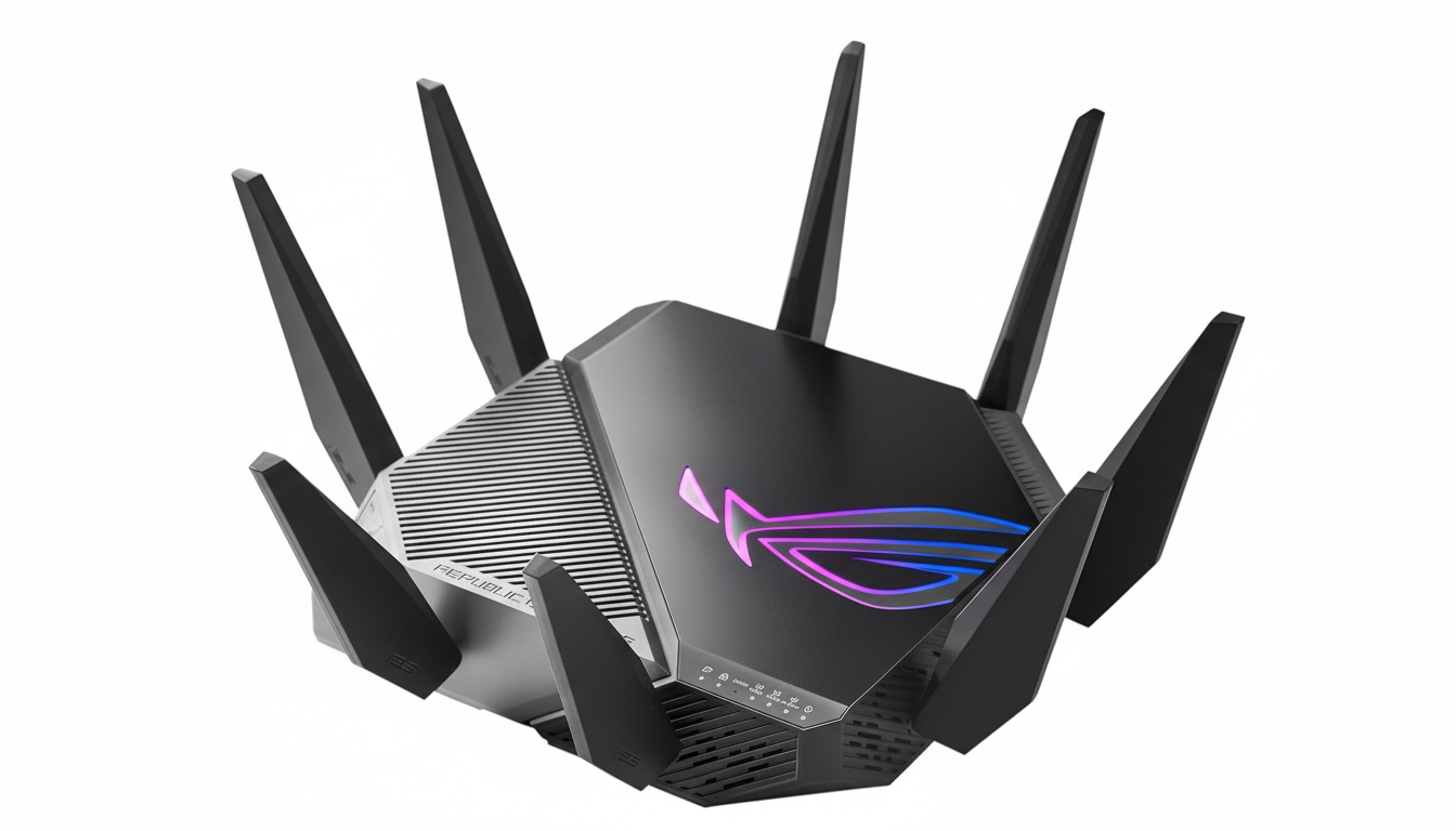 A black ASUS ROG Rapture GT-AXE16000 gaming router with eight antennas and a glowing pink and blue ROG logo on top, presented on a clean white background.