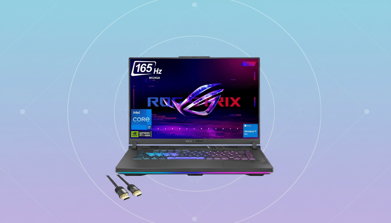 A professional flat design image of a black ROG St rix gaming laptop with its screen displaying the ROG Strix logo and specs , with two HDMI cables in the foreground, against a soft gradient background with subtle circular patterns. Filename : rogst rixgaming laptop16 9. png