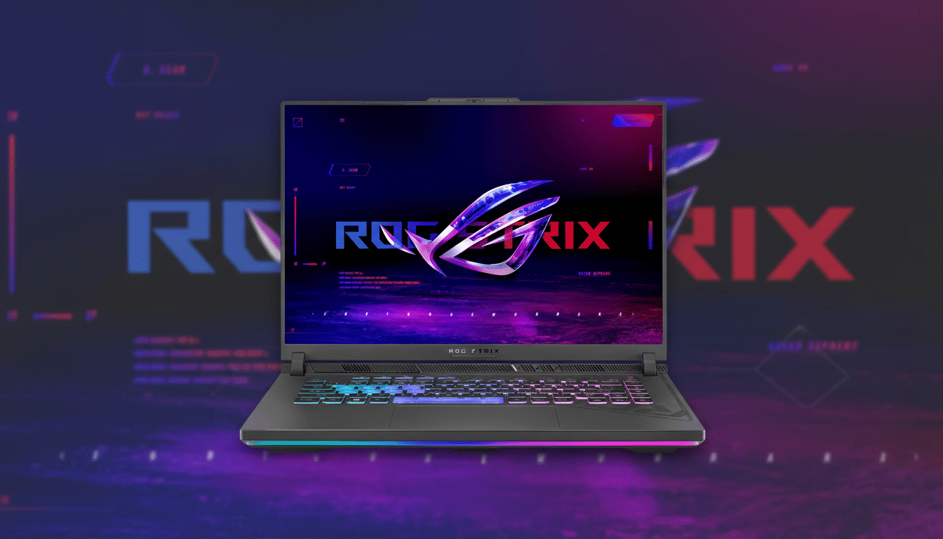 An ASUS ROG Strix gaming laptop displayed against a dark background with a subtle, abstract gradient pattern. The laptop s screen shows the ROG Strix