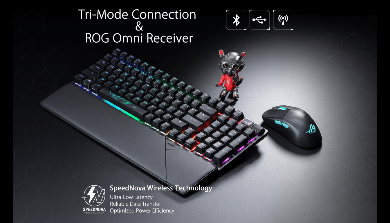 A professional shot of a black gaming keyboard with RGB lighting and a matching gaming mouse, alongside a small ROG mascot figurine , all on a dark surface . The image highlights tri-mode connection and Speed Nova wireless technology with text overlays.