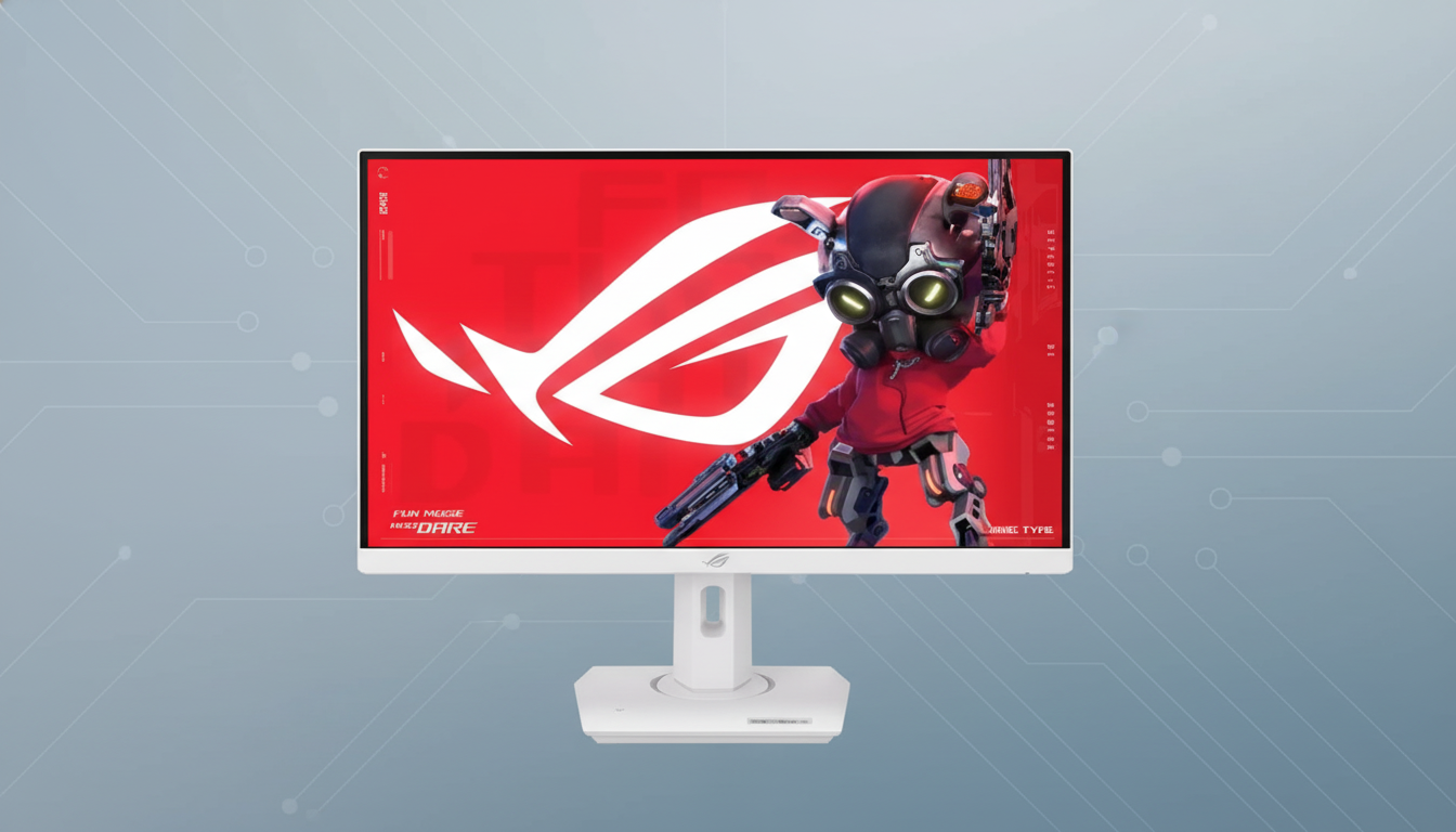 A white gaming monitor displaying a red background with a white ROG logo and a character in a red hoodie and gas mask, set against a professional flat design background with soft circuit board patterns.