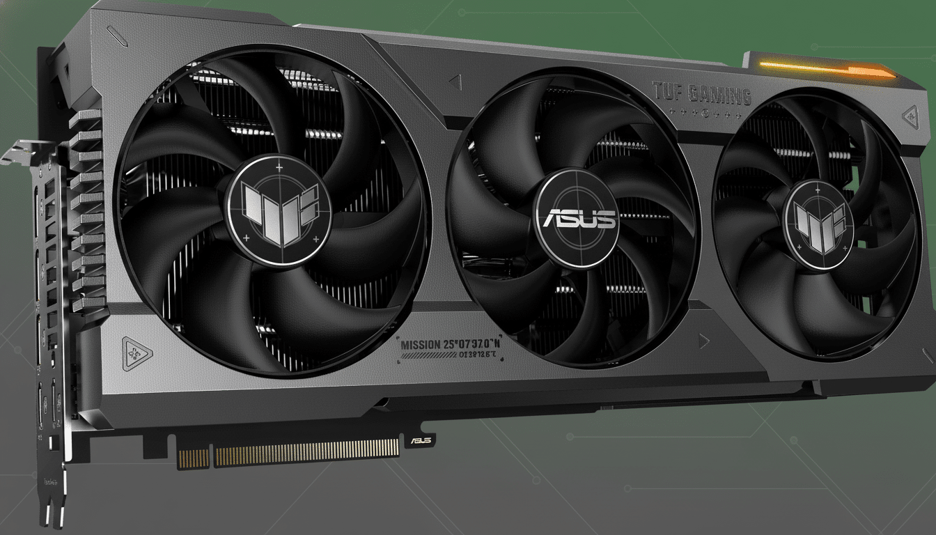 A professional, enhanced image of an ASUS TUF Gaming graphics card with three fans, set against a dark green background with subtle circuit board patterns. Filename : asus tufgaming gpu enhanced .png
