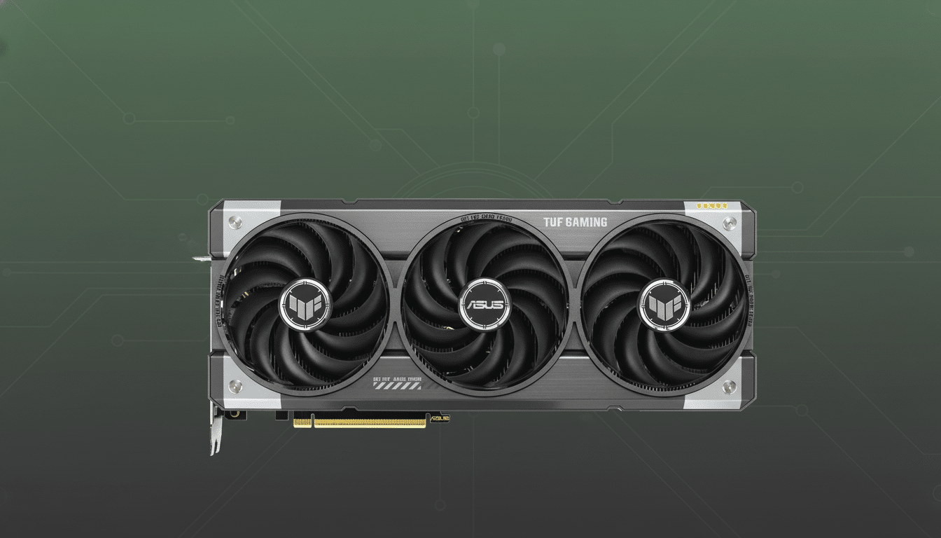 An ASUS TUF Gaming graphics card with three fans, set against a dark green background with a subtle circuit board pattern, presented in a 16:9 aspect ratio.