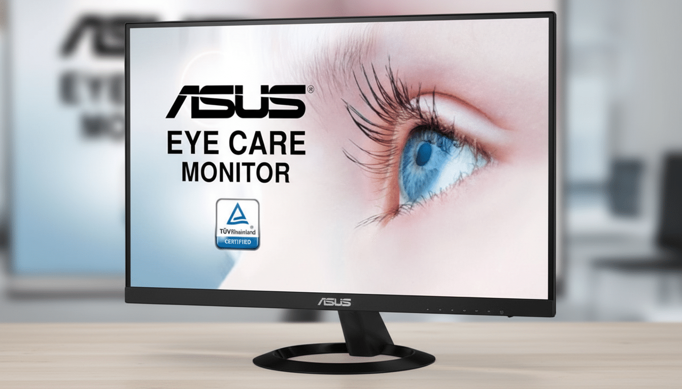 An ASUS Eye Care Monitor displayed at a 16 :9 aspect ratio , showing a close -up of a human eye with long lashes on its screen. The monitor sits on a light wooden surface with a slightly blurred office background. Filename : asus eyecare monitor16 9. png
